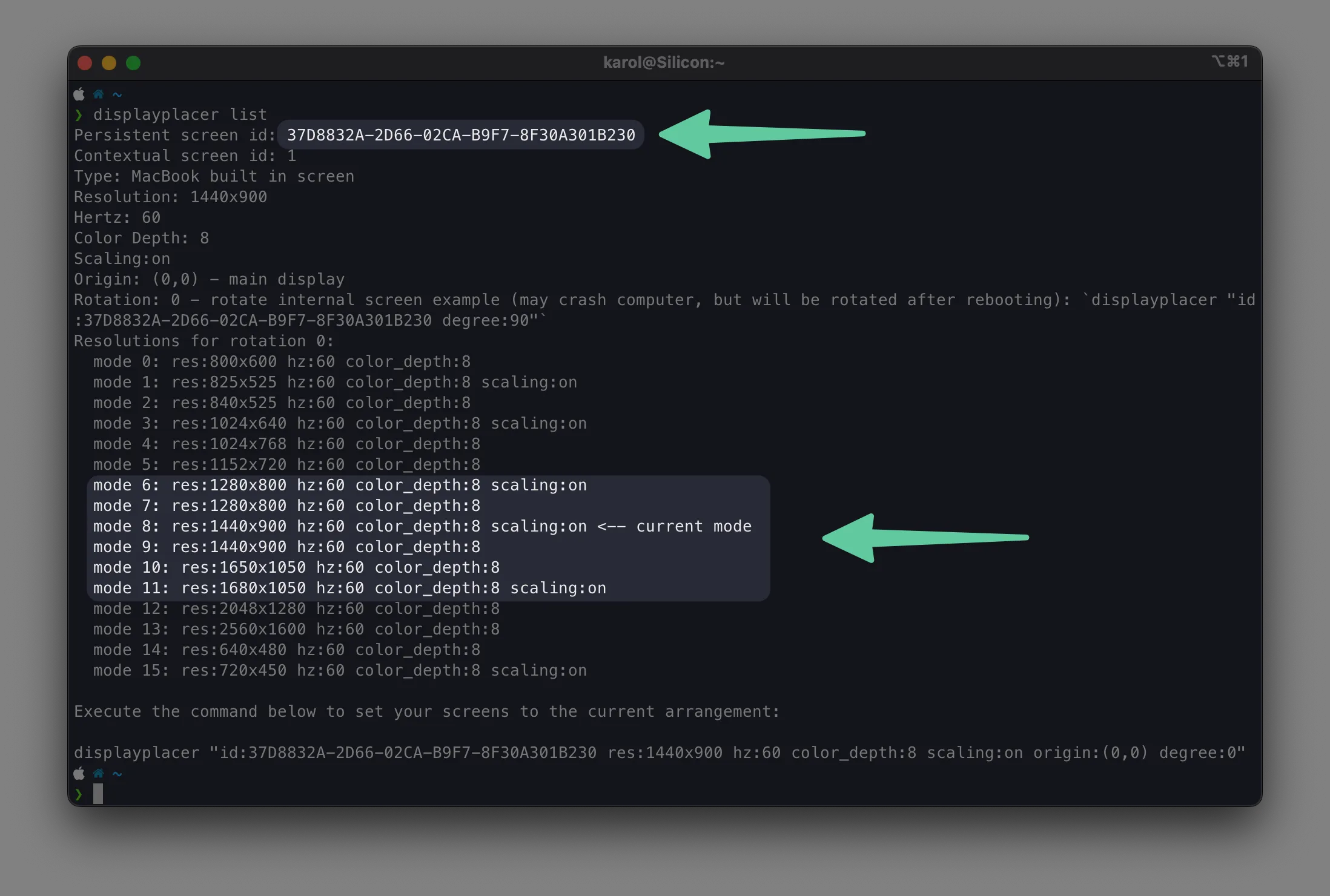 displayplacer list